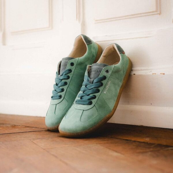 BLUSUN Schnürhalbschuhe Damen grün Velour Leder Barfuss-7