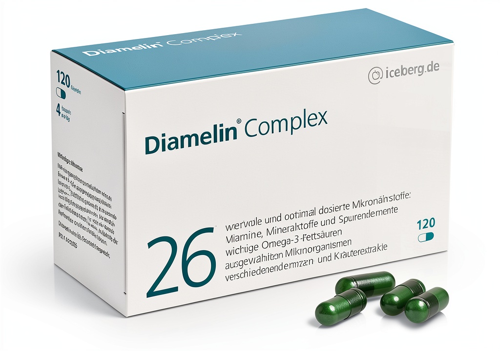 Diamelin Complex Verpackung mit Inhaltsstoffen auf einem Tisch